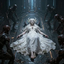 a mystic goddess with white dress and marks on face laying in a huge sci - fi corridor surrounding with foes, digital art, concept art, trending on artstation, 8 k detailed, dramatic lighting