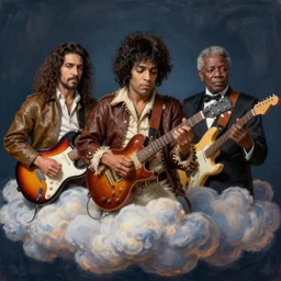 photorealistic painting of tim maia, jimi hendrix and b. b king, with very highly detailed face, jamming with electric guitars, sitting on fluffy clouds. realism, beautiful, dramatic by grant wood, johannes vermeer and leonardo da vinci