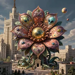 colossal psyhedelic alien predator flower made from worst unfulfilled mankind projects in the middle of abandoned post soviet constructivist cityscape, Stalinist architecture, ultradetailed, Intricate by Niruyoshi Ohrai and Hayao Miyazaki and Josan Gonzalez