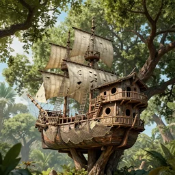 A treehouse made out of a derelict pirate ship, torn sails, cargo net, crows nest, the treetops of giant oaks, game art matte painting hyperdetailed, artstation, cgsociety, 8k, surreal dream landscape