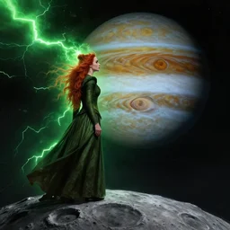 a highly detailed matte painting of emma watson as a red haired witch, standing on the moon titan and looking at jupiter, viewed in profile, crackling green lightning, ultrawide lens, art by rebecca guay and arthur rackham and alphonse mucha and john william waterhouse, volumetric lighting, octane render, 4 k resolution, trending on artstation, masterpiece