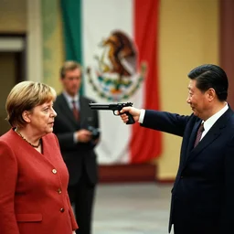 angela merkel, geert wilders and xi jingping pointing guns at each other, mexican standoff, cinematic shot, reservoir dogs 1 9 9 2