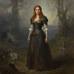 a full body high detail fantasy portrait oil painting illustration of a single beautiful female bard by justin sweet with face and body clearly visible, in a scenic background, pretty eyes, realistic proportions, d & d, rpg, forgotten realms, artstation trending, high quality, sombre mood, artstation trending, muted colours, entire person visible!