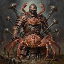 oil painting nightmare macerated epic tiered rusted armor panulirus ornatus fused into japanese spider crabs stacked gear box machines weapon terrors throwing, cinematic, fine art, by jack gaughan, shigeru komatsuzaki