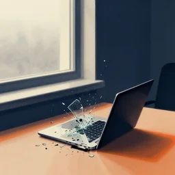 editorial illustration by karolis strautniekas and mads berg, office interior, tiny amount of small shattered glass shards covering a broken laptop, near a window window, fog, fine texture, detailed, muted colors, film noir, dramatic lighting, dynamic composition, vivid, orange + dark blue + black + beige