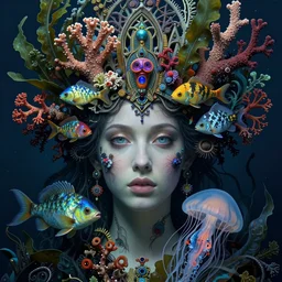 realistic detailed underwater face portrait of the beautiful young goddess of the fish of the three lights with an intricate headdress of corals, sea kelp, sea plants, fish, jellyfish, art by ernst haeckel, h. r. giger, zdzisław beksinski, gustav klimt, gothic, neo - gothic, hyper - ornamental,
