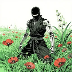 a cyborg ninja in a field of poppies and orchids, green and black ink drawing, by yoji shinkawa