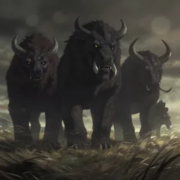 giant beasts roaming on a windy heath. award - winning 3 d anime by an indie studio, heavily stylized, rimlighting, depth of field, limited palette, lovecraftian, chiaroscuro, bokeh.