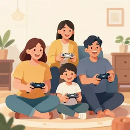 illustration realism happy family playing happy video games