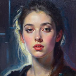 macro portrait of a synthwave style female, backlighting, sidelighting, futuristic, painting by bouguereau rutkowski