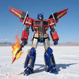 Character Portrait of Jetfire from Transformers on a clear sunny day with a blue sky standing in the bonneville salt flats, Jetfire!!!!!, Transformers!!!!!!!!!!!!!, Hasbro, Transformers Armada!!!!!, Skyfire, Jet parts, Intricately detailed, Fuselage, Hip skirt wings, Battroid Mode, Zone of Enders, Anime Robots, Mecha Anime, Anime, Robots, Robot, Robot Mode, 8k, ultra realistic, illustration, splash art, rule of thirds, good value control