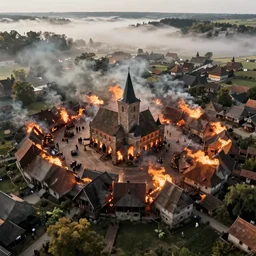 bird eye view of a medieval village on fire, artstation, jakub rozalski, high detail, day, fog