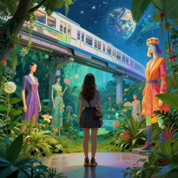 a vibrant dream of one beautiful girl wearing yeezy from behind looking through a japanese museum of the world's best digital art, lush plants, a monorail train, glowing lights, high fashion, magic details, by moebius, edward hopper, james gilleard, and james jean, hd, 8 k, trending on artstation, uhd,