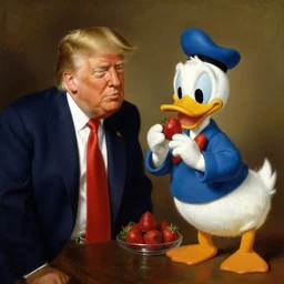 painting by rembrandt of donald trump and donald duck eating strawberries together, painted by rembrandt