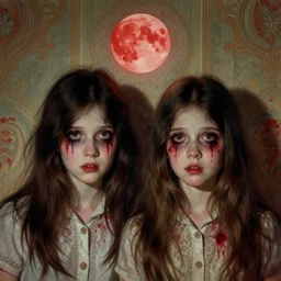 two gorgeous but creepy siblings in layers of fear, with haunted eyes and wild hair, 1 9 7 0 s, seventies, wallpaper, a little blood, crimson moonlight showing injuries, delicate embellishments, painterly, offset printing technique, by coby whitmore, jules bastien - lepage