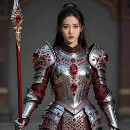 photograph of a real-life beautiful! female warrior with ruby encrusted armour.  Extremely detailed. 8k
