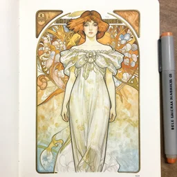 an art nouveau copic maker sketch of a girl wearing kikyo's clothes designed by balenciaga by john berkey by stanley artgerm lau, greg rutkowski, thomas kinkade, alphonse mucha, loish, norman rockwell