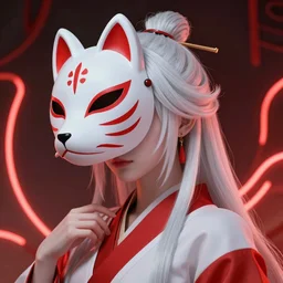 albino maiko with a kitsune mask, fluent composition, red and white neon, concept art, ambient light, 4 k, intricate details, highly professionally detailed, cgsociety, highly detailed -