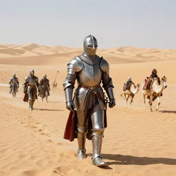 crusader knights walking in a desert region, by ismail inceoglu