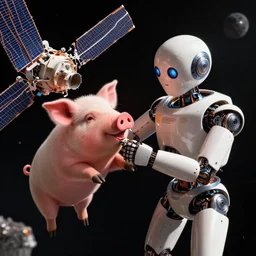 a 🤖🐷 repairing a satellite in space, hyperrealistic, cinematic, artstation