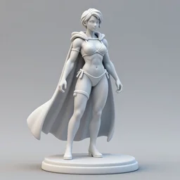 80mm resin detailed miniature of a Very Muscular Queen, long white cape, bikini-armor, very short hair, on textured disc base, Company logo in upper left corner; Miniature product Photo, 4K, Full body