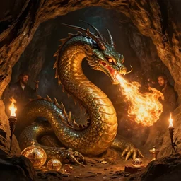 divine hydra breathing fire. inside cave. warm glow of torch lights. shimmering treasure. painted by rembrandt, thomas cole, sasha beliaev. cinematic, epic composition, dramatic lighting, intricate scales, handpainted. realistic, photo, detailed