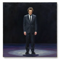 a sad oil on canvas painting of Andy Kaufman all alone on stage
