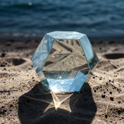 octahedron of glass on a beach