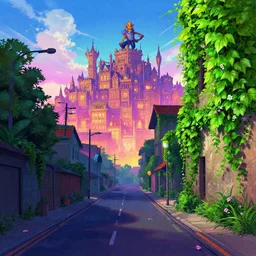 street road and plant ivy flower Tekkonkinkreet treasure town in the sky horizon comics illustration  digital art painting by fanart artstation vivid color neon bar