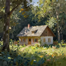 house in the countryside on a sunny day, forest, realistic, detailed, peaceful, brush strokes, oil painting