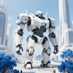 Scifi construction robot, bulky armor, utopian city, white buildings, by Leon Tukker, Makoto Kobayashi, synthetic light, blue trees, people on the streets, utopia, perfect, futuristic, 8k high detail, masterpiece, trending on ArtStation