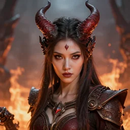 female archfiend at the fiery pits of hell, flawless symmetrical pretty cute face, greg rutkowski, 8 k, shallow depth of field, intricate detail, concept art,