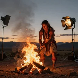 indegenous people making fire, andean sunset, unreal 5, hyperrealistic, realistic, photorealistic, dynamic lighting, highly detailed, cinematic landscape, studio landscape, studio lighting