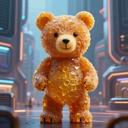 portrait of haribo bear in future city, color and shape focus, cnetral composition