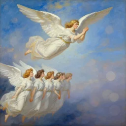 vision of angels - a painting of an angel flying in the sky, with a group of angels flying in front of it by dave gibbons and dora maar, style of bokeh tilt shift