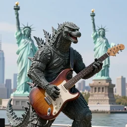 a high quality photo of  one Godzilla playing electric guitar, Statue of Liberty, New York city as backdrop, render, ultra realistic, cgsociety