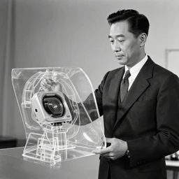 carl pei presenting futuristic gadget with transparent design photo detailed realistic 9 0 th century black and white old vintage