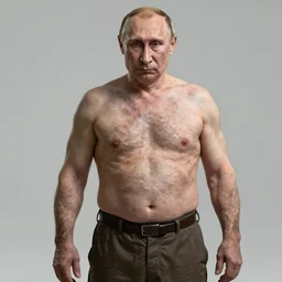 Detailed image of Vladimir Putin, in game style 8k, wearing only pants with a bare torso, his body is old and ugly with sagging old skin,