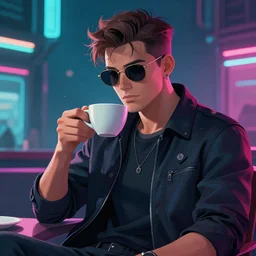 portrait of a handsome entrepreneur having a cup of coffee. cyberpunk style, digital art artstation cgsociety