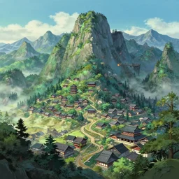 a powerful japanese village high in mountains, concept artby moebius and laurie greasley, fantastic landscape, 8 k, cinematic color grading