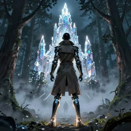 A modern comic book cover of an android  wearing a trench coat and high tech glowing boots, with back to the camera, in a forest at night looking up at a crystal temple with a tower glowing in the fog
