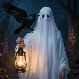 portrait of a spirit ghost, crow on shoulder, holding a lantern, halloween night, charlie bowater, artgerm, ilya kuvshinov, krenz cushart, ruan jia, realism, ultra detailed, 8 k resolution