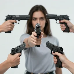 a woman holding a gun in one hand and two other hands holding a gun in the other. photorealistic