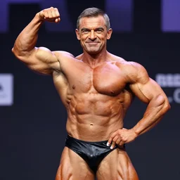 a photograph of mr. bean mr. bean posing in a bodybuilding competition, bodybuilder, hyper realistic, 4k, detailed