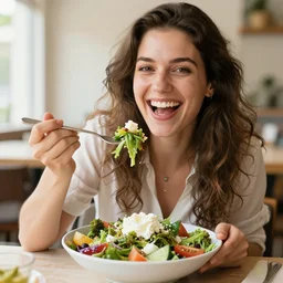 stock photography of a woman eating a greek salad while laughing at the camera, high quality, highly detailed, flickr