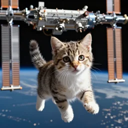 a cute kitten floating inside the international space station, realistic, professional photography, 4 k, sharp lens, focus, depth of field