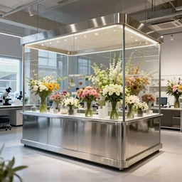 flower shop by science labotory made of stainless steel and glass, designed by zahahadid