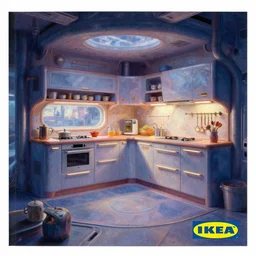 IKEA catalogue photo of a cyberpunk kitchen on a spaceship, by Monet