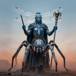 full character potrait of a genetic combination between dragonfly & tarantula & human, holding a ceremonial staff, wearing a cloak, zdzislaw beksinski, lewis jones, dariusz zawadzki, wayne barlow, warhammer fantasy, cold hue's, warm tone gradient background, concept art, 4 k, ultra - high - definition