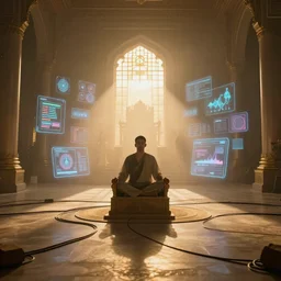 a man sits in a meditation pose in the middle of a large throne room. the air is filled with haze. holographic user interface elements float all around him. wires and cables run, overlapping, along the floor. golden sunlight illuminates the room at sunset. this space is sacred.